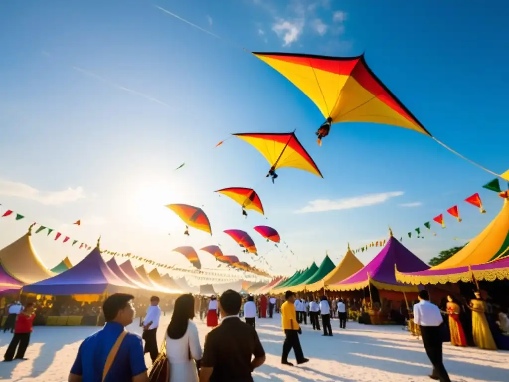 Festival Thung Sri Muang Tailandia: Coloridos kites llenan el cielo mientras la multitud admira los detalles culturales en una festividad vibrante