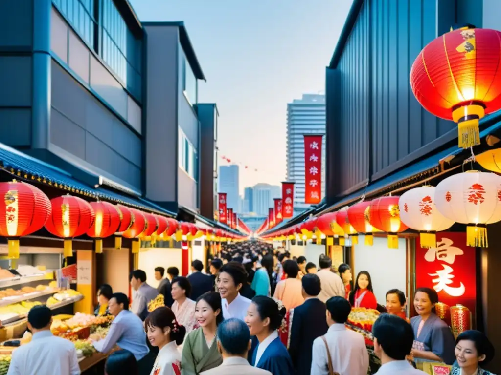 Festival tradicional japonés con coloridas linternas de papel, yukatas, kimonos, puestos de comida y modernos rascacielos