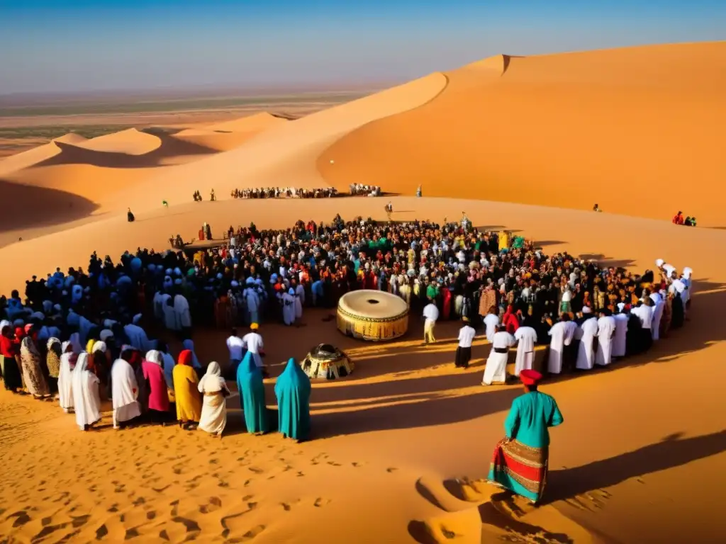 Festival de Música del Sáhara: Vibrante festival con música tradicional saharaui en el desierto al atardecer