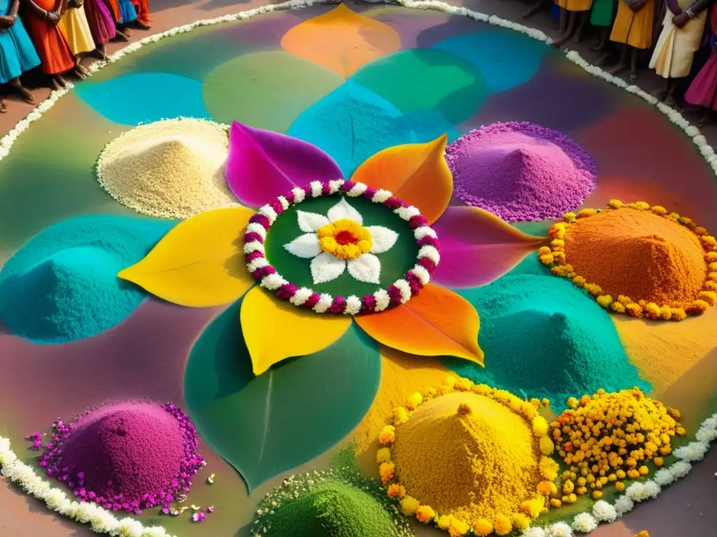 Festival de Pongal en India: Celebración vibrante con rangoli colorido, música y baile bajo el cálido sol dorado