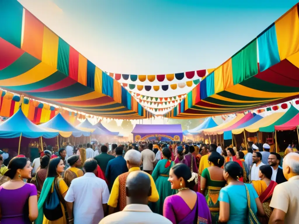 Festivales visuales de arte étnico: Escena vibrante de festival con diversidad cultural, arte colorido y danzas tradicionales