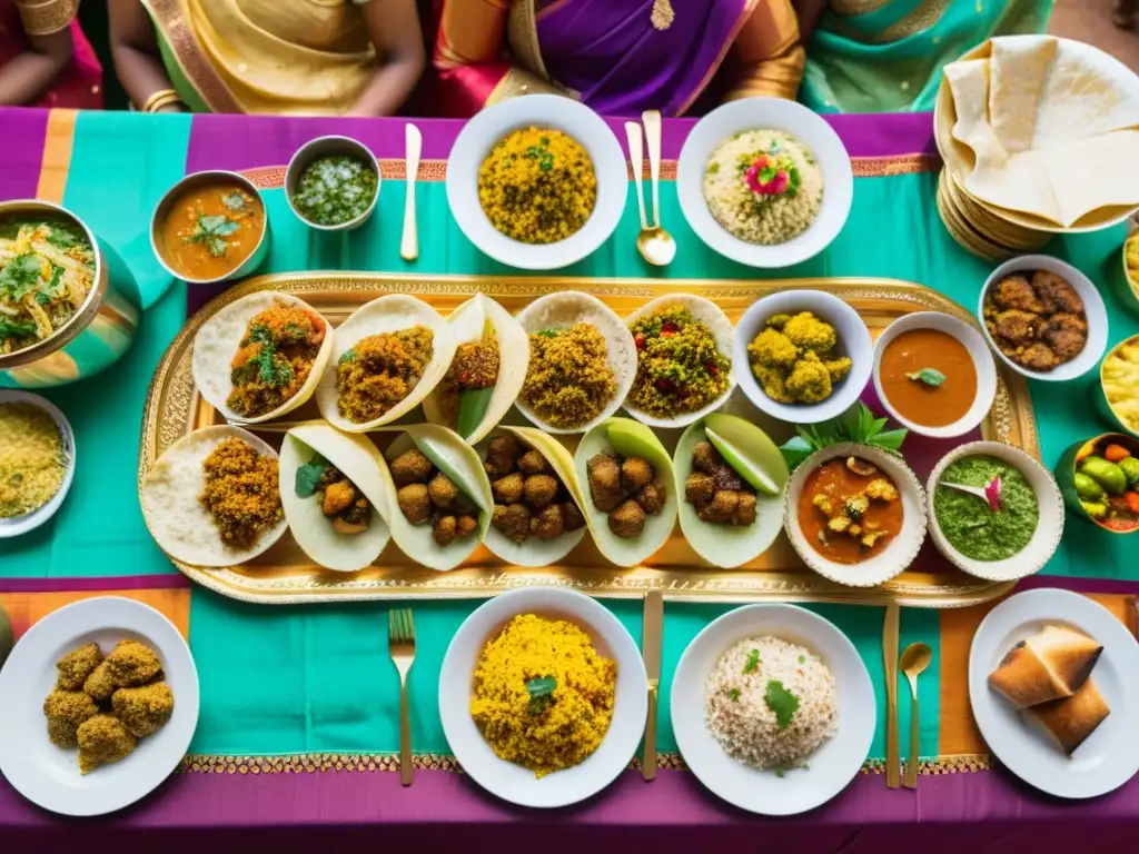 Una festividad de bodas en India: una mesa repleta de platos aromáticos y coloridos, rodeada de invitados vestidos con atuendos tradicionales