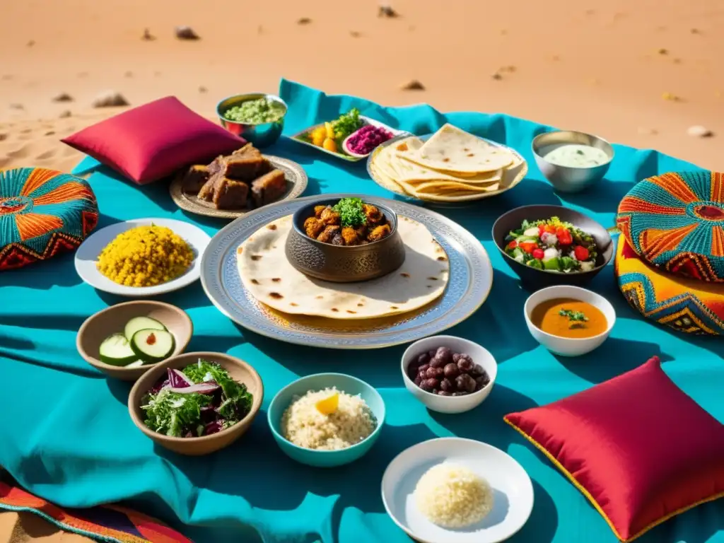 Una fiesta beduina tradicional en el desierto árabe, con una mesa rebosante de comida y personas reunidas bajo el cálido sol del atardecer