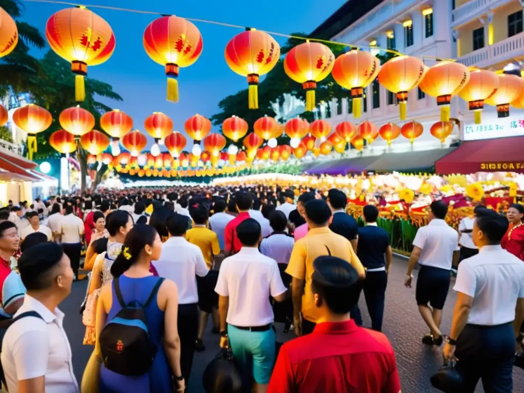 La Fiesta del Fuego en Singapur: Calle vibrante con linternas coloridas, carrozas y artistas en trajes tradicionales, iluminados por antorchas