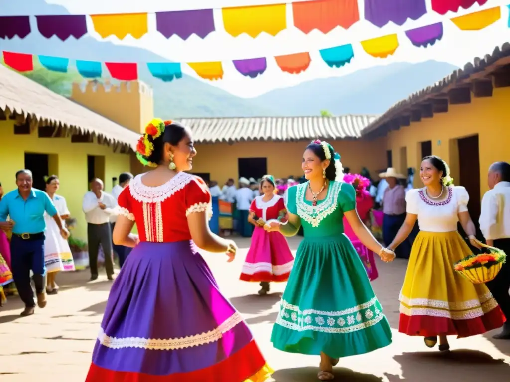 Una fiesta rural llena de vida, con colores vibrantes, música alegre y tradiciones campesinas en un patio soleado