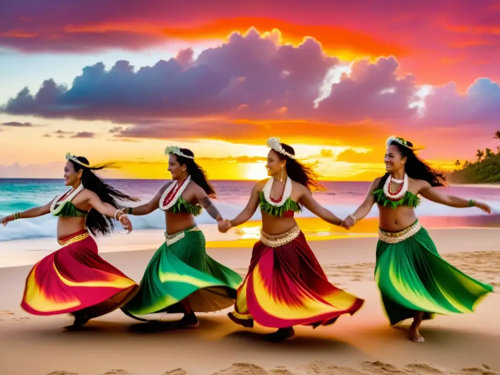 Fiestas nacionales en Polinesia: Baile hula al atardecer en la playa, con danzantes en trajes tradicionales y un cielo vibrante