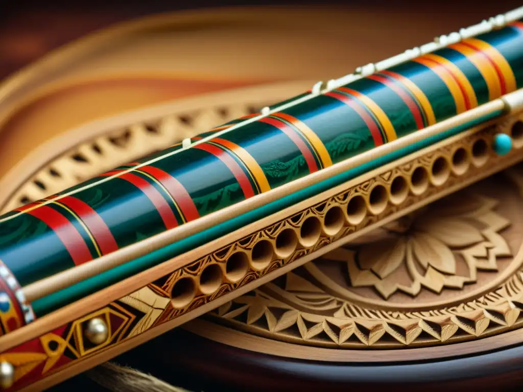 Una flauta nativa americana tallada con detalles intrincados y pinturas simbólicas, resaltando la rica textura de la madera