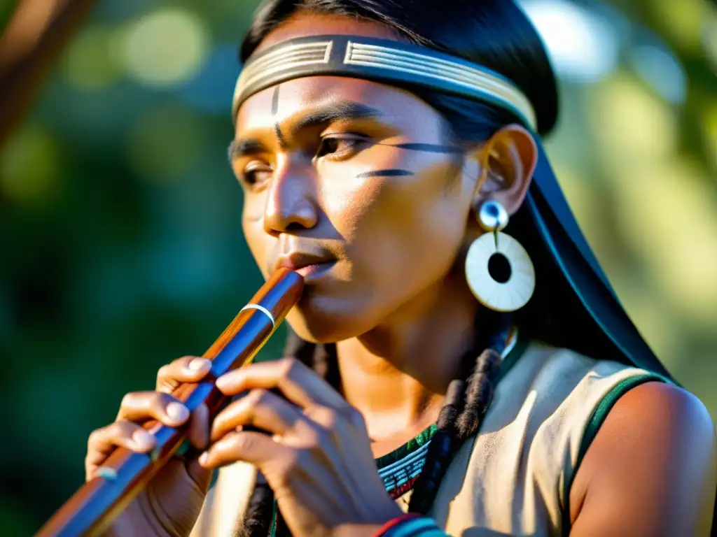 Un flautista nativo americano toca melodías con una flauta de madera exquisitamente tallada, en un entorno sereno y espiritual
