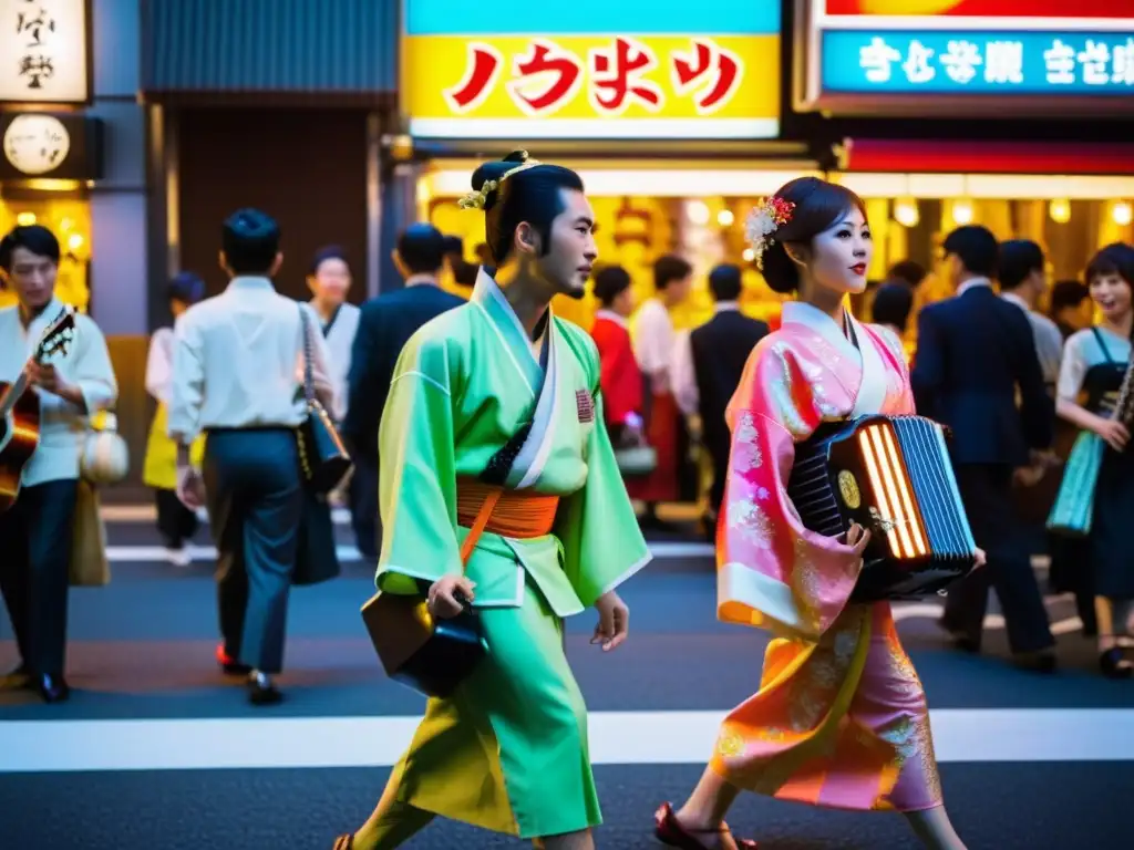 Folclore japonés en el cine: calle nocturna de Tokio bulliciosa, iluminada por neones y llena de vida, fusionando tradición y modernidad