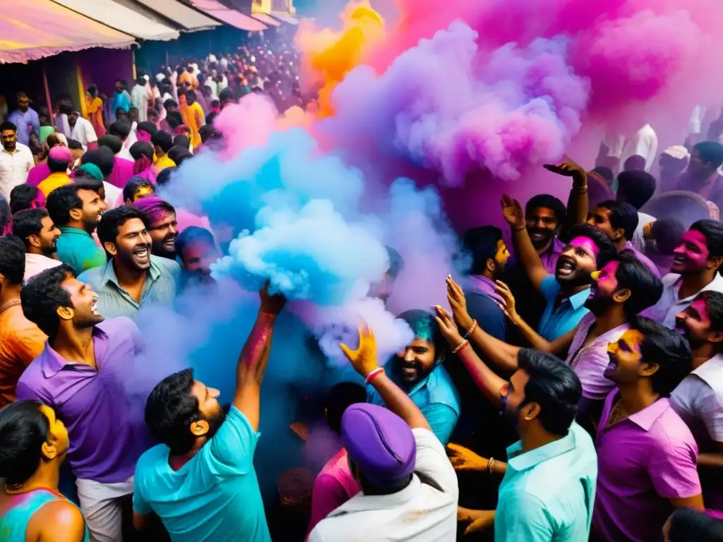 Una fotografía detallada capturando el vibrante caos del festival de primavera Holi en la India