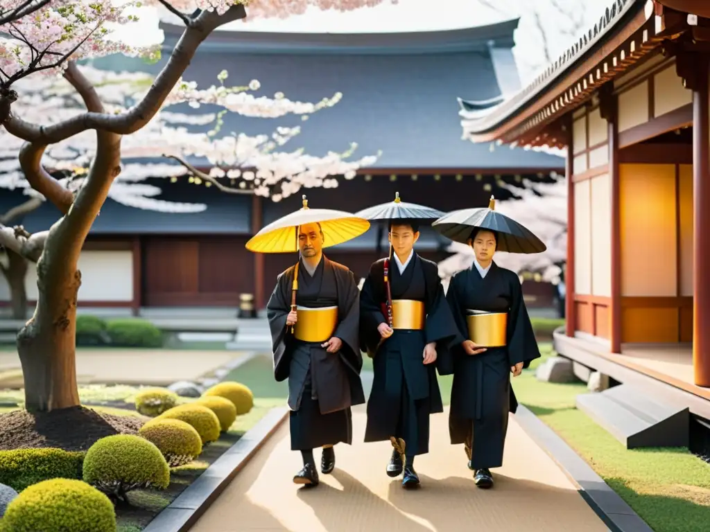 Procesión funeraria japonesa con influencia del Budismo: monje budista lidera el cortejo junto a jardín de templo y cerezos en flor