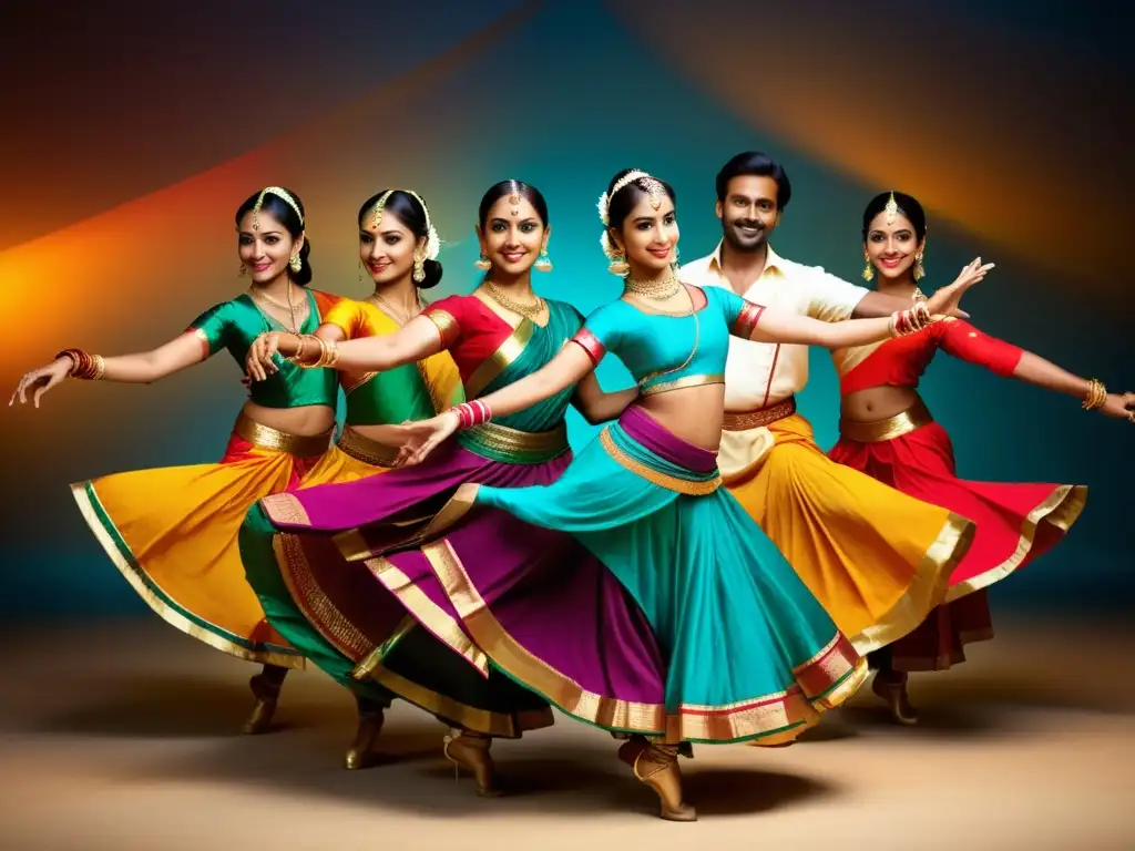 Una fusión de danza clásica india y estilos occidentales, con colores vibrantes y expresiones artísticas