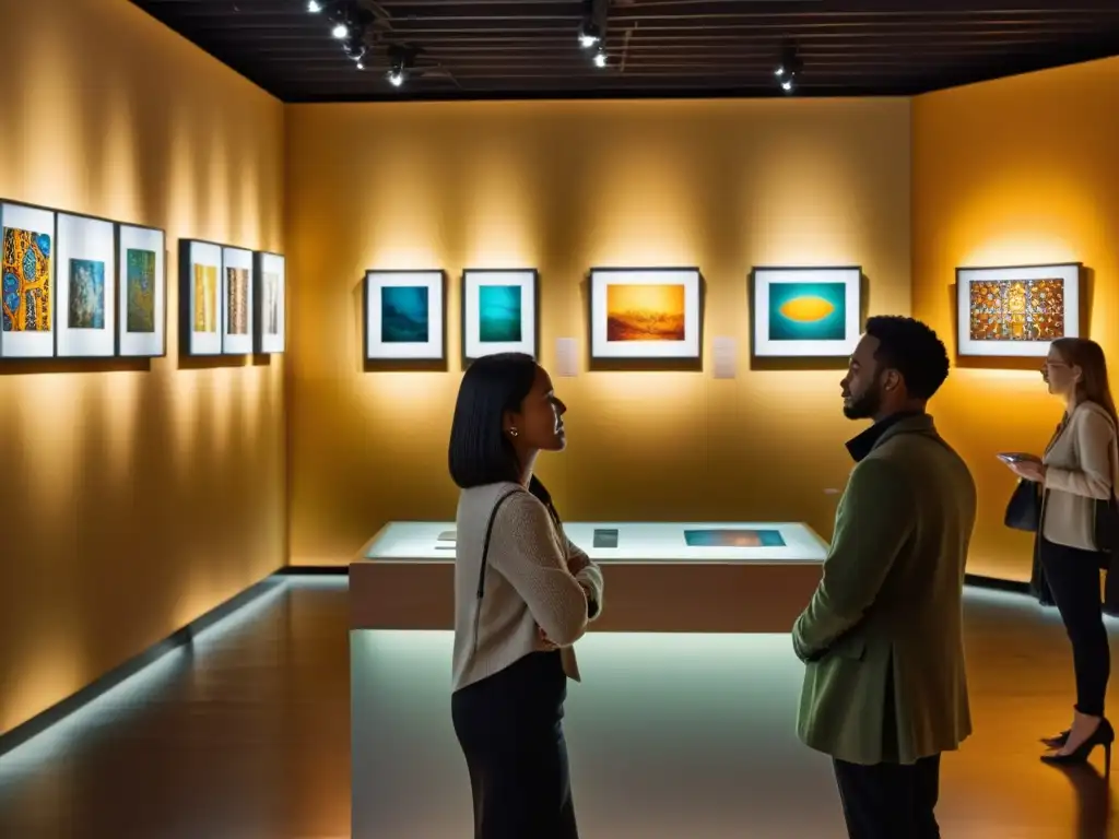 Una galería de arte con iluminación tenue y obras de arte étnico en paredes y pedestales