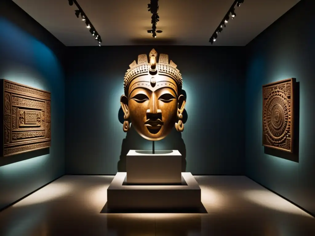 Una galería oscura con una imponente escultura tribal global, evocando reverencia y misterio