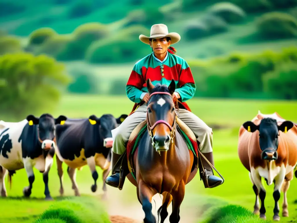 Un gaucho argentino monta a caballo entre el paisaje campestre, rodeado de ganado y vistiendo trajes tradicionales