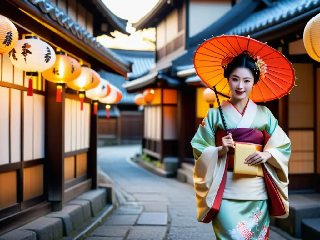 Una geisha camina elegantemente por las calles de Gion al anochecer, iluminada por faroles