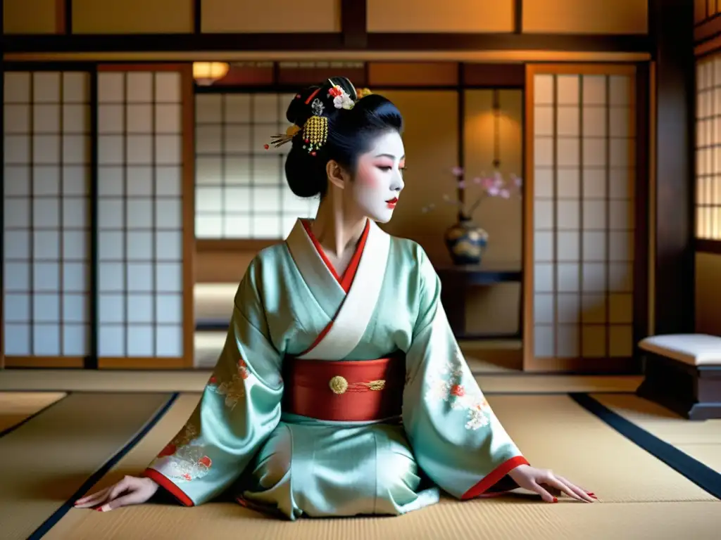 Una geisha realiza una danza elegante en un hermoso teahouse, rodeada de decoración japonesa