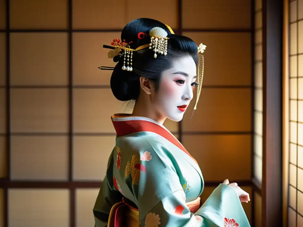 Una geisha en un elegante kimono realiza una danza tradicional en un hermoso tatami room en Kyoto