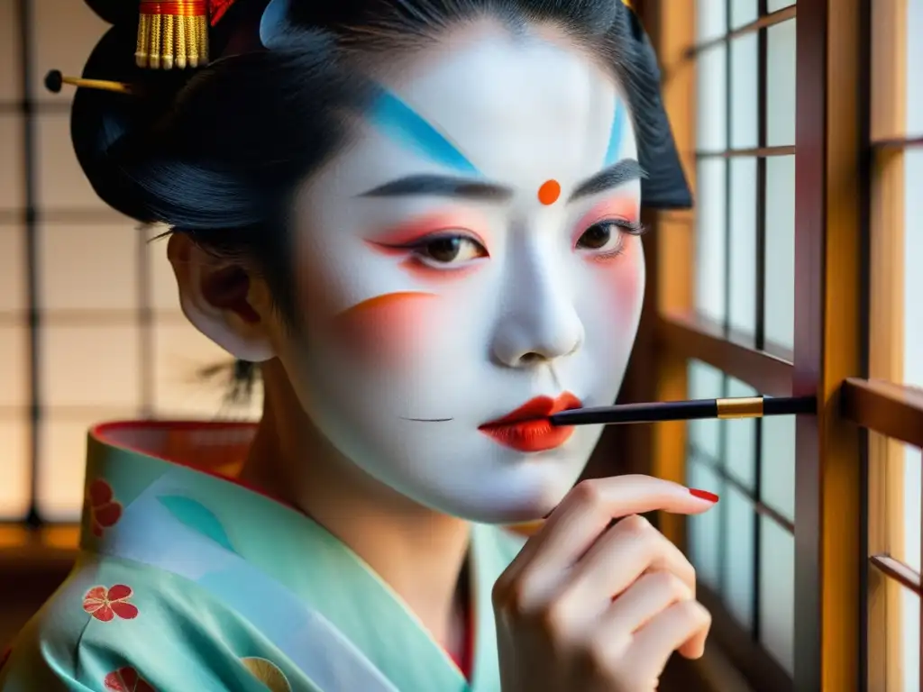 Una geisha japonesa aplica meticulosamente su maquillaje, mostrando la preservación de la tradición de las geishas en Japón