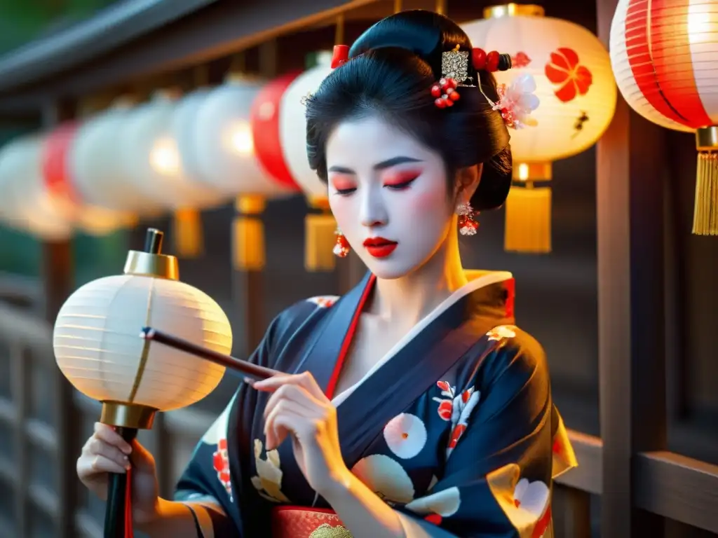 Una geisha japonesa interpreta el shamisen en un teahouse tradicional, con una atmósfera cálida y serena