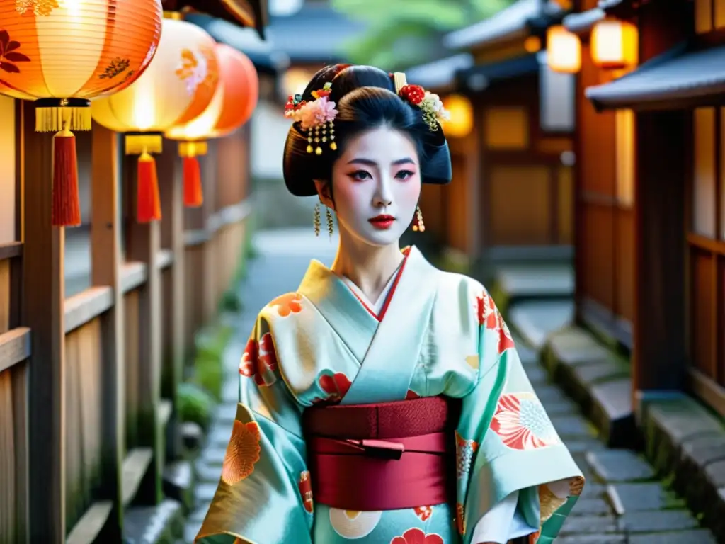 Una geisha tradicional camina elegantemente por las calles empedradas de Gion, el distrito geisha en Kyoto