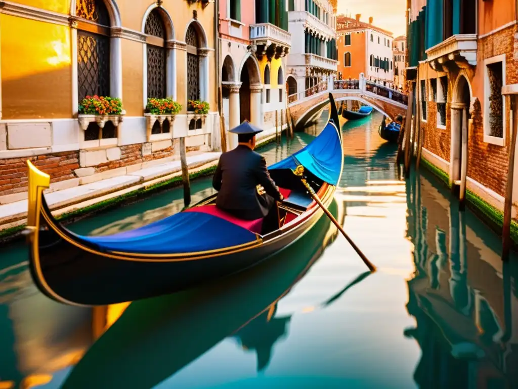 Una góndola veneciana navega por un canal tranquilo, reflejando el patrimonio cultural sumergido de Venecia al atardecer