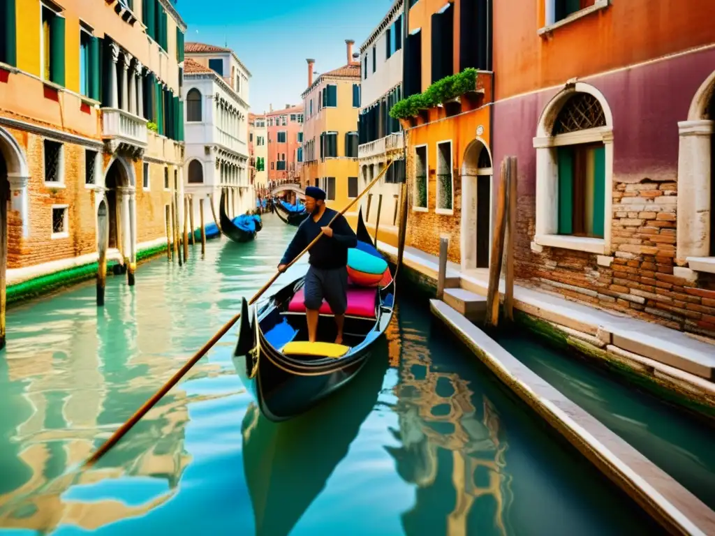 Un gondolero habilidoso navegando por los estrechos canales de Venecia, reflejando la cotidianidad en la Venecia local