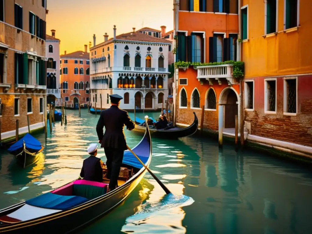 Un gondolero veneciano navega por los estrechos canales al atardecer, capturando la cotidianidad en la Venecia local