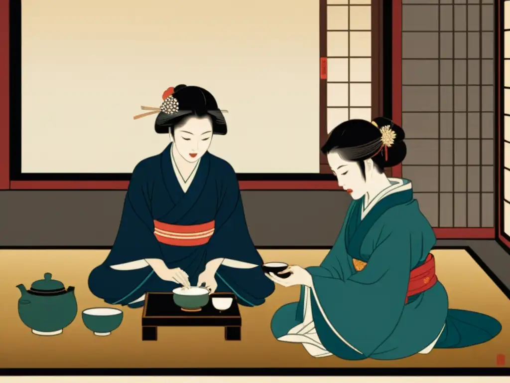 Un grabado en madera detalla una ceremonia del té japonesa, con kimonos y utensilios delicados bajo una luz suave