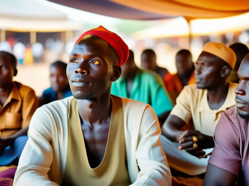 Un griot en un bullicioso mercado de Senegal cautiva a su audiencia con historias y leyendas africanas, preservando la tradición oral