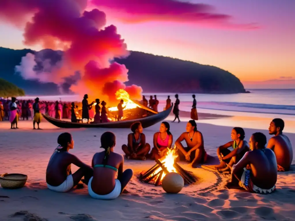 Grupo Garífuna disfruta de actividades culturales alrededor de una fogata en la playa al atardecer, con barcos y cielo de colores