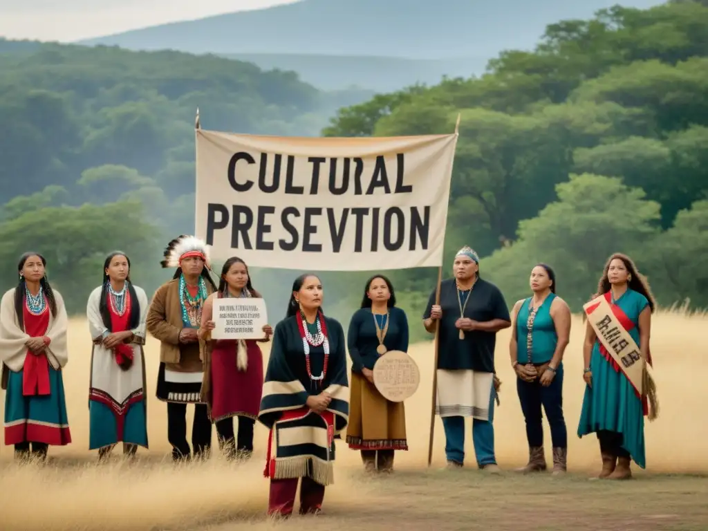 Un grupo de activistas nativos se reúne en un sitio ceremonial sagrado, con pancartas y atuendos tradicionales, expresando determinación por la preservación cultural en espacios sagrados