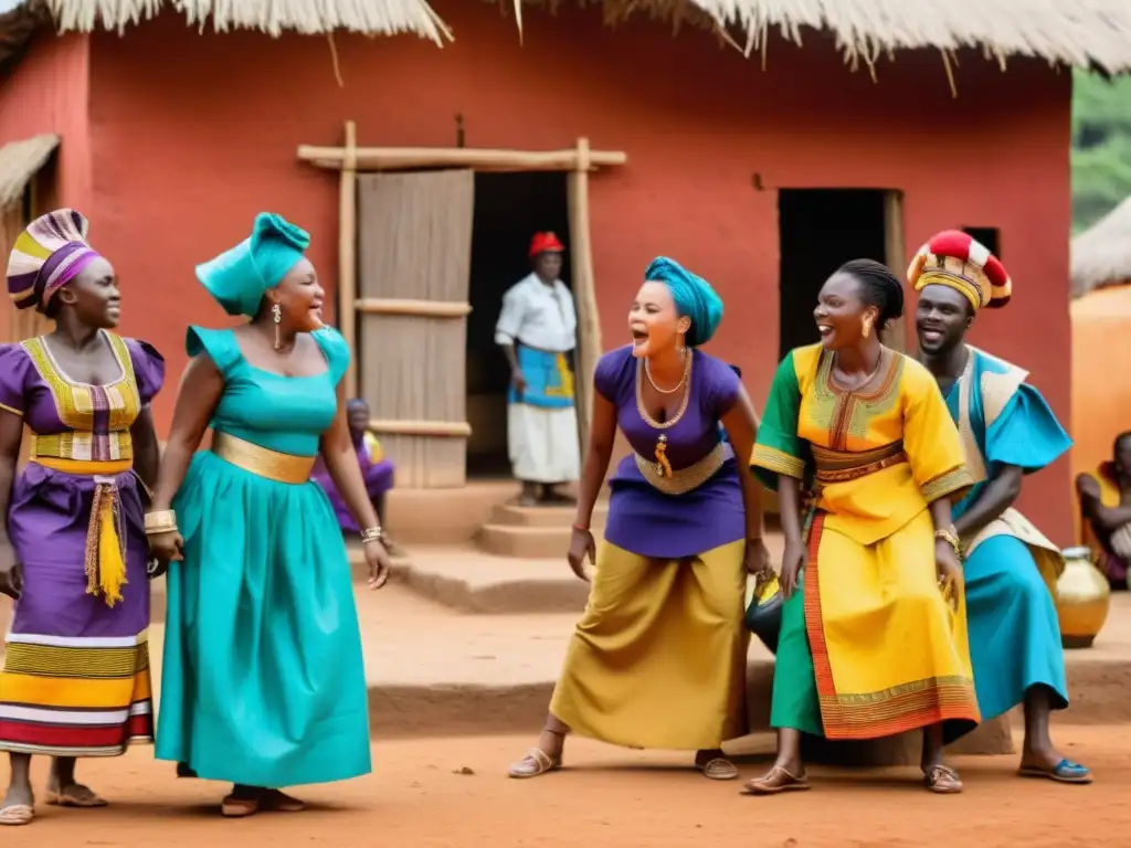 Un grupo de actores y actrices guineanos interpretando una escena poderosa en un pueblo tradicional