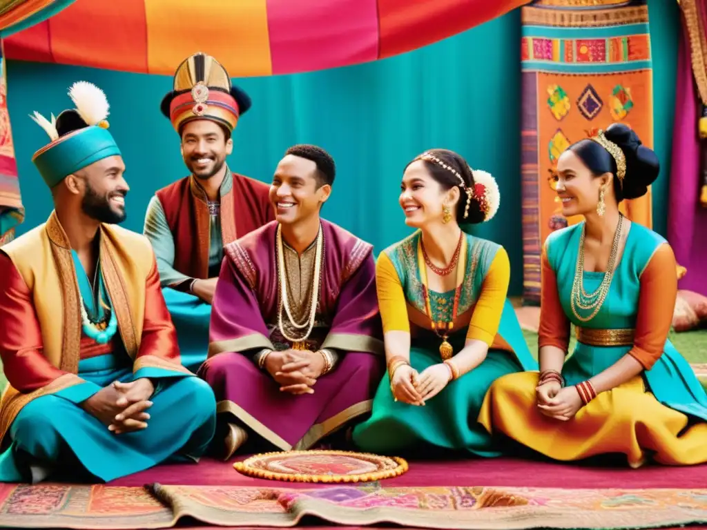 Un grupo de actores en trajes étnicos vibrantes conversa animadamente en un set de cine, capturando la moda étnica en el cine