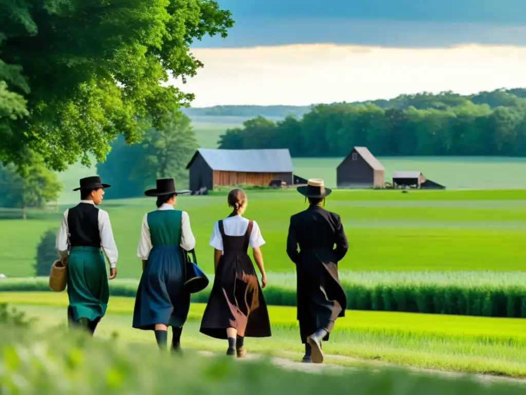 Un grupo de adolescentes Amish camina por un campo verde, con sus ropas tradicionales en contraste con la naturaleza