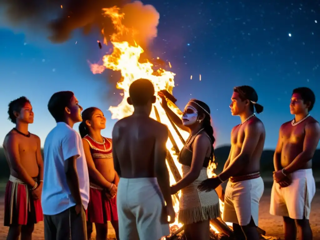 Grupo de adolescentes indígenas participando en un ritual de iniciación alrededor de una fogata, con el cielo estrellado de fondo