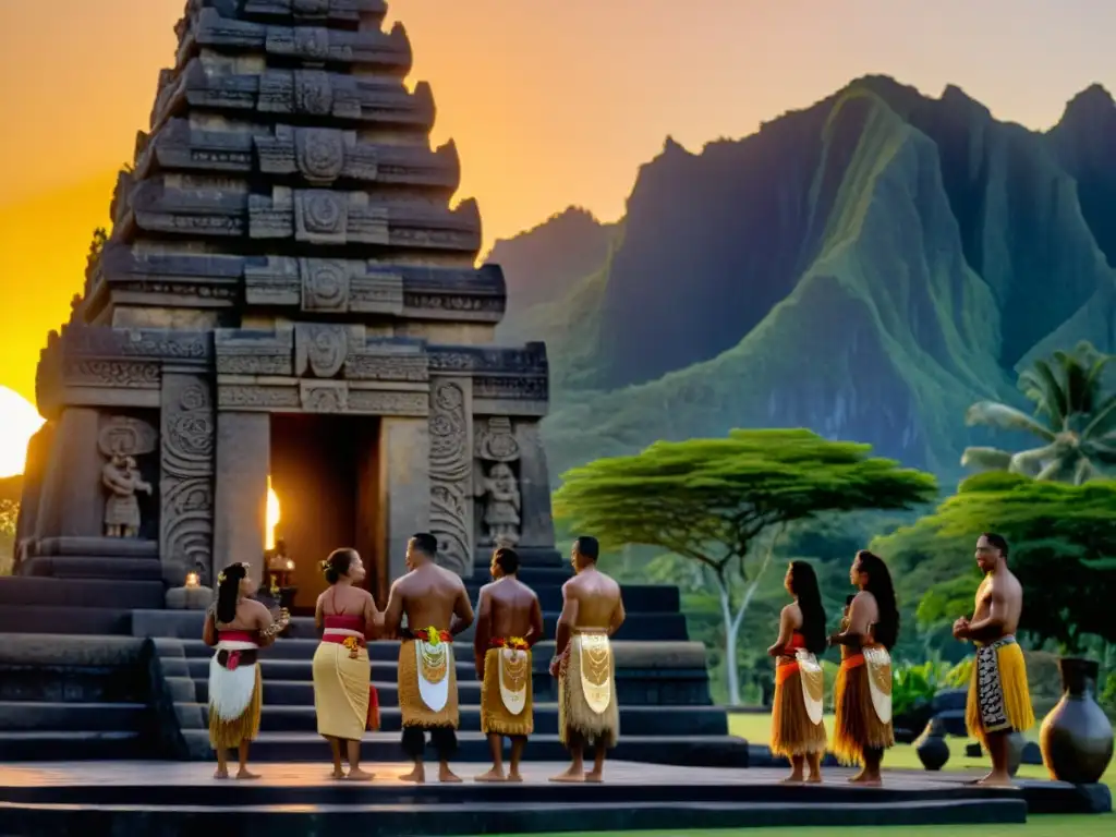 Grupo de adoradores polinesios danzando frente a un majestuoso templo de piedra al atardecer, creando una atmósfera de reverencia y espiritualidad