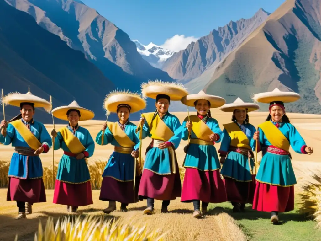 Grupo de agricultores andinos danzando en un campo de trigo, celebrando los rituales de cosecha valles andinos entre montañas imponentes