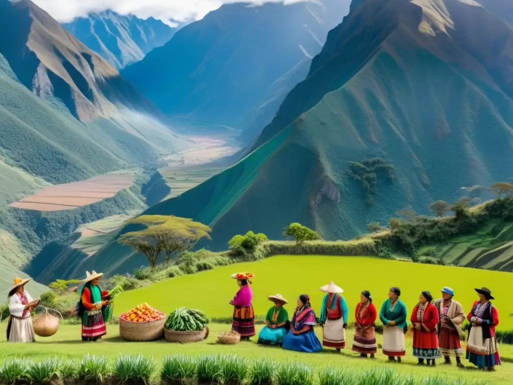 Un grupo de agricultores andinos en un valle verde realizando rituales de cosecha, con textiles coloridos y ofrendas de frutas y verduras