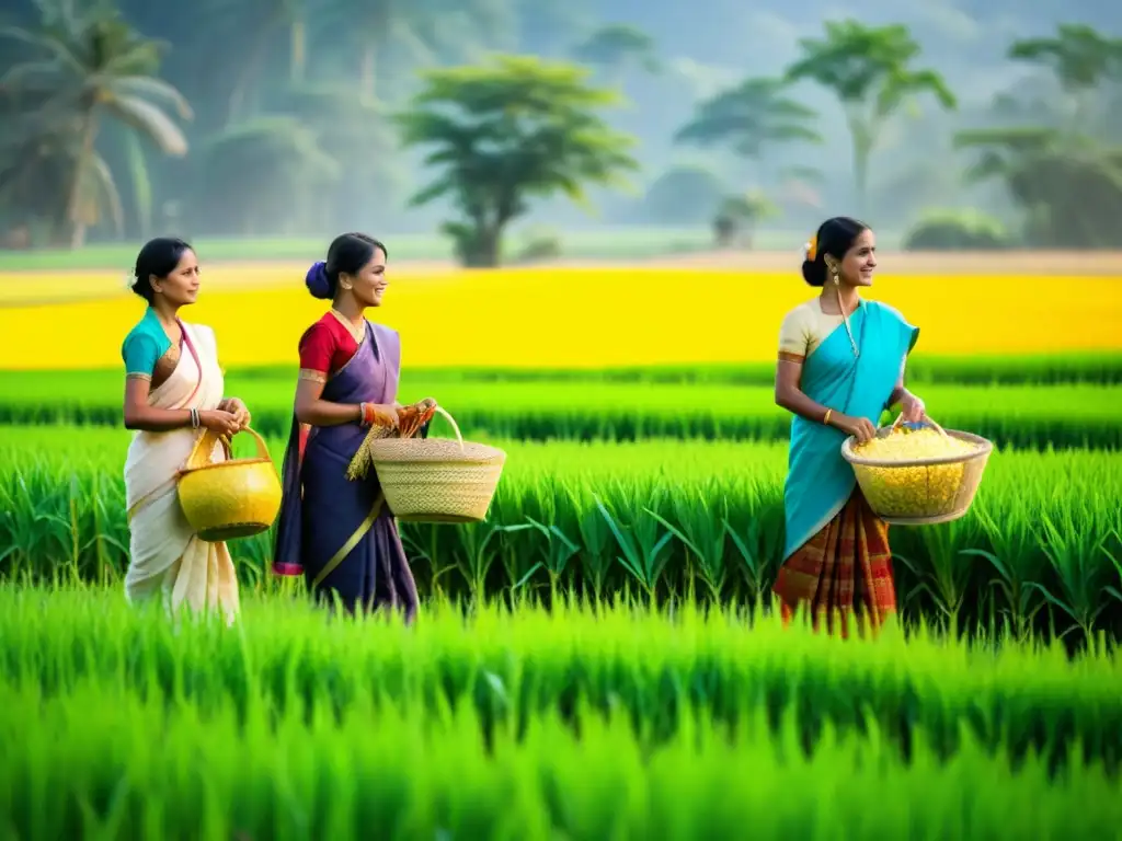 Grupo de agricultores en la India cosechando arroz dorado en un campo verde durante el festival Pongal