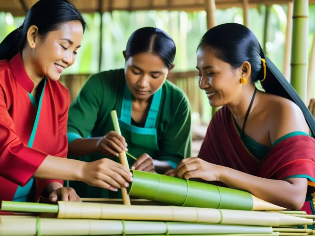 Grupo de aldeanos elaborando meticulosamente cohetes Bun Bang Fai Naga con materiales locales, mostrando colaboración y tradición comunitaria