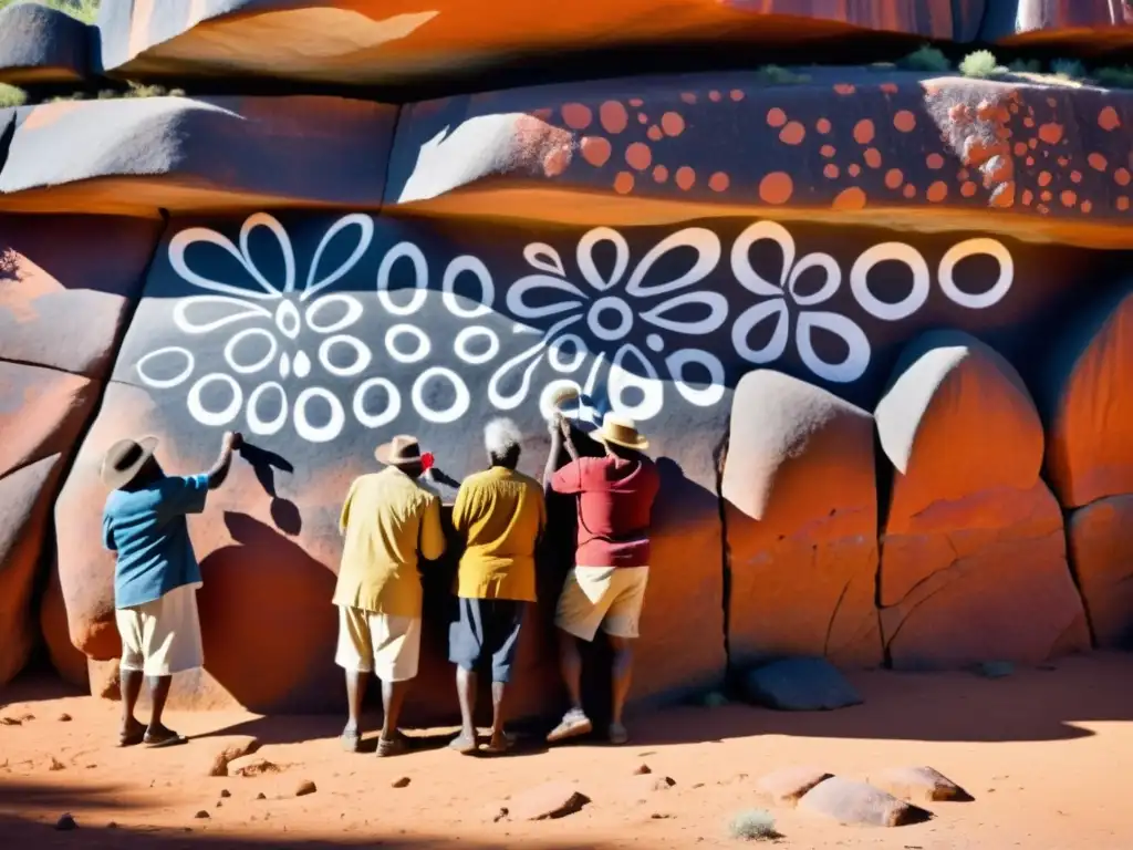 Un grupo de ancianos aborígenes pinta diseños detallados en una pared rocosa en el Outback australiano