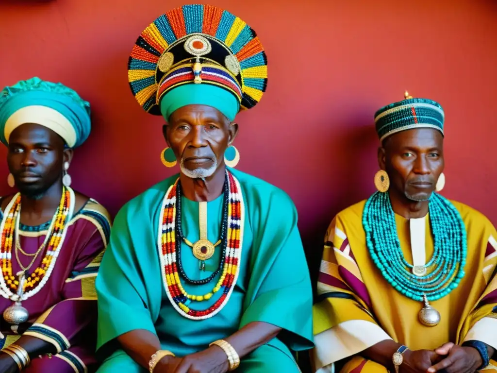 Un grupo de ancianos africanos viste boubous coloridos y joyas en una ceremonia tradicional