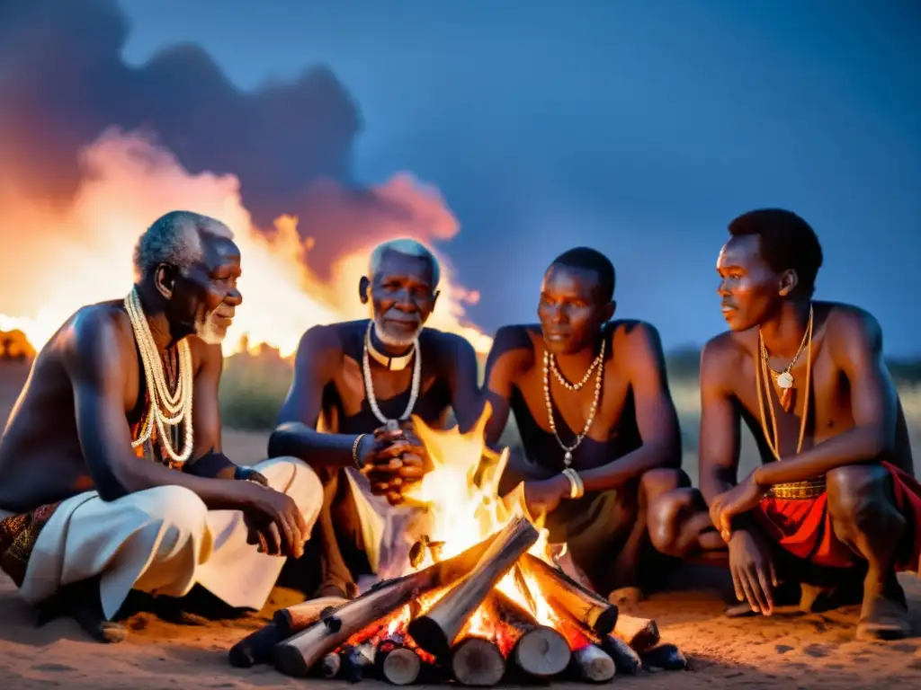 Grupo de ancianos africanos en ceremonia alrededor de fogata, representando prácticas ancestrales modernidad africana