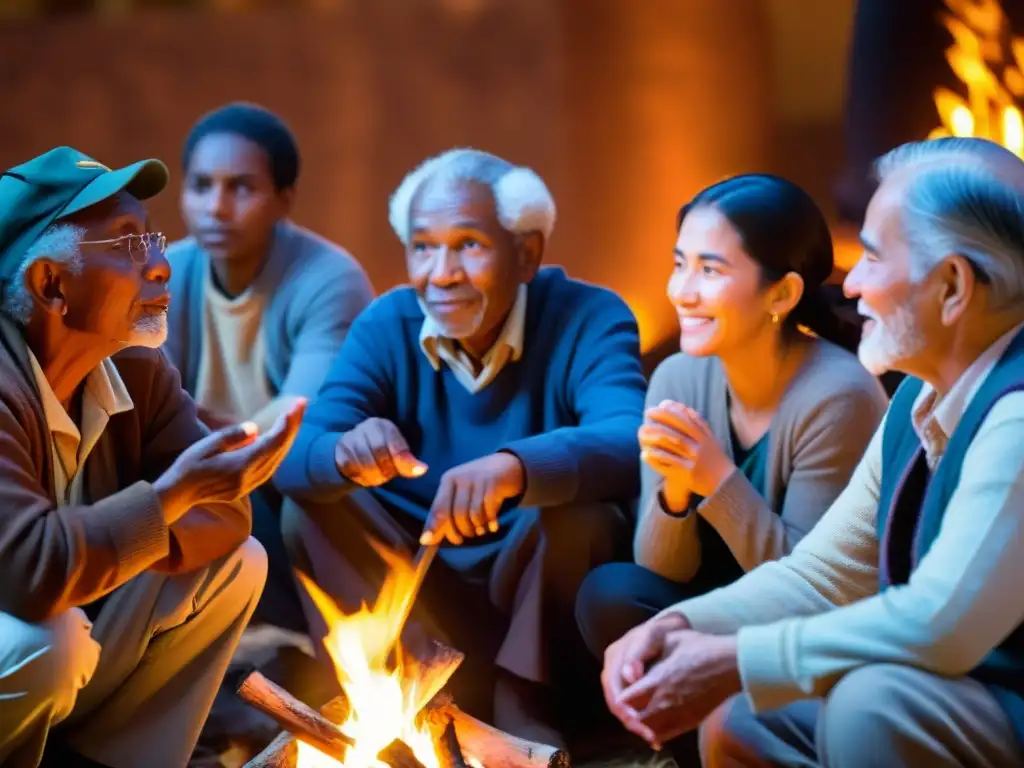 Grupo de ancianos africanos narra historias junto a fogata, influencia literatura oral sociedad africana, ambiente cálido y mágico