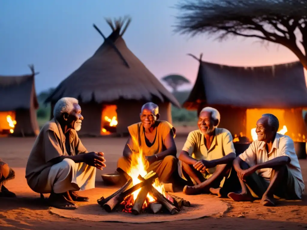 Grupo de ancianos africanos compartiendo historias alrededor del fuego, reflejando la influencia de la literatura oral en la sociedad africana