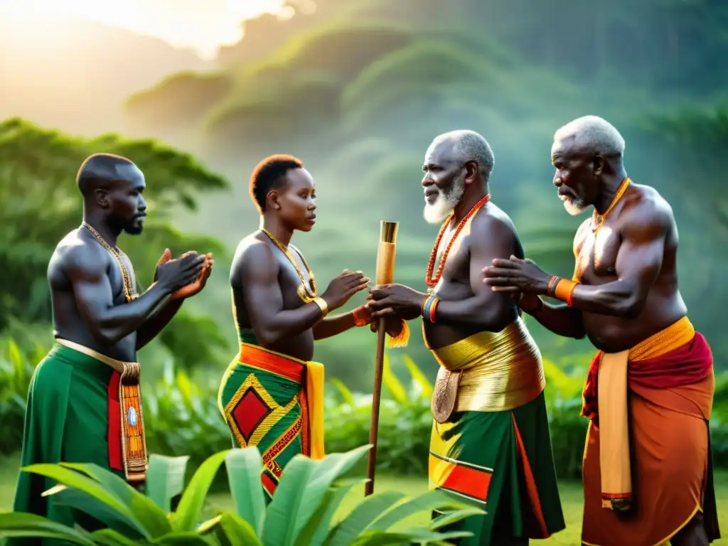 Un grupo de ancianos africanos realiza prácticas ancestrales en medio de exuberante vegetación, vistiendo coloridos atuendos tradicionales