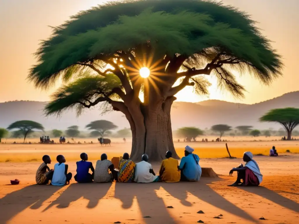 Un grupo de ancianos se reúne bajo un árbol en una aldea africana, conversando animadamente mientras los niños juegan