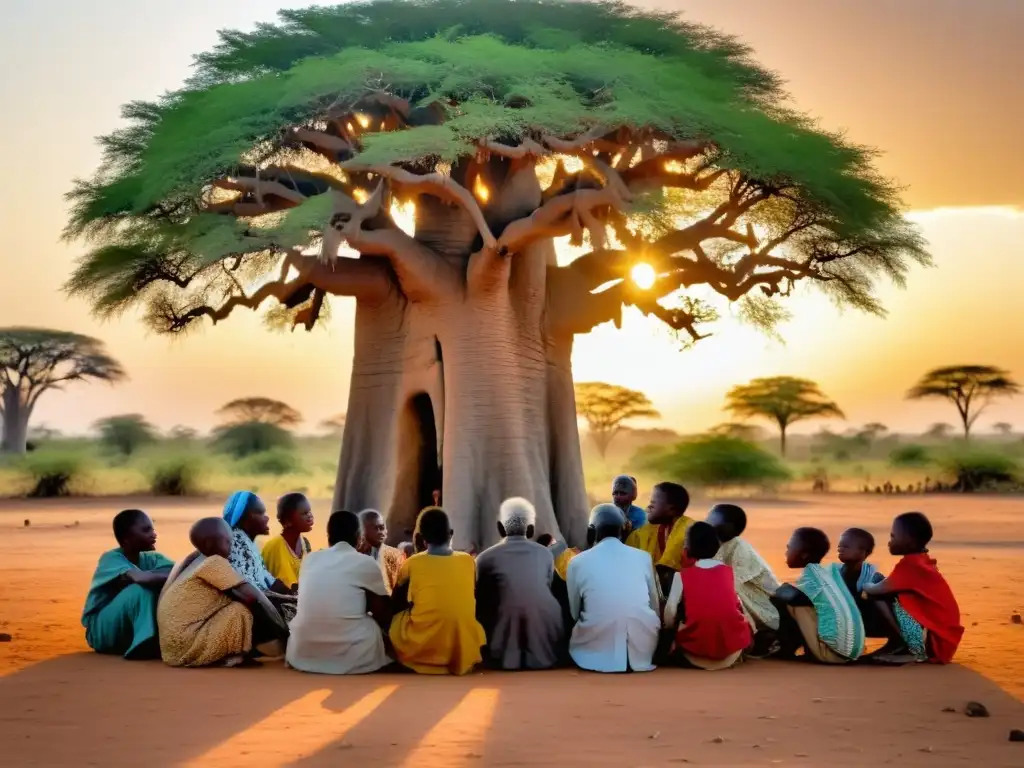 Un grupo de ancianos bajo un árbol Baobab, rodeados de niños, escuchando con atención cuentos de la tradición oral sociedad africana francófona mientras el sol se pone