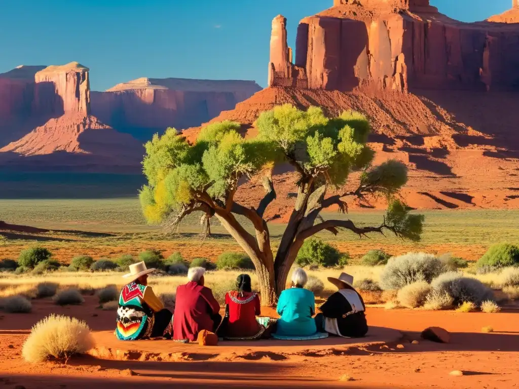 Grupo de ancianos Navajo en círculo bajo árbol, visten trajes tradicionales, charlan en su idioma